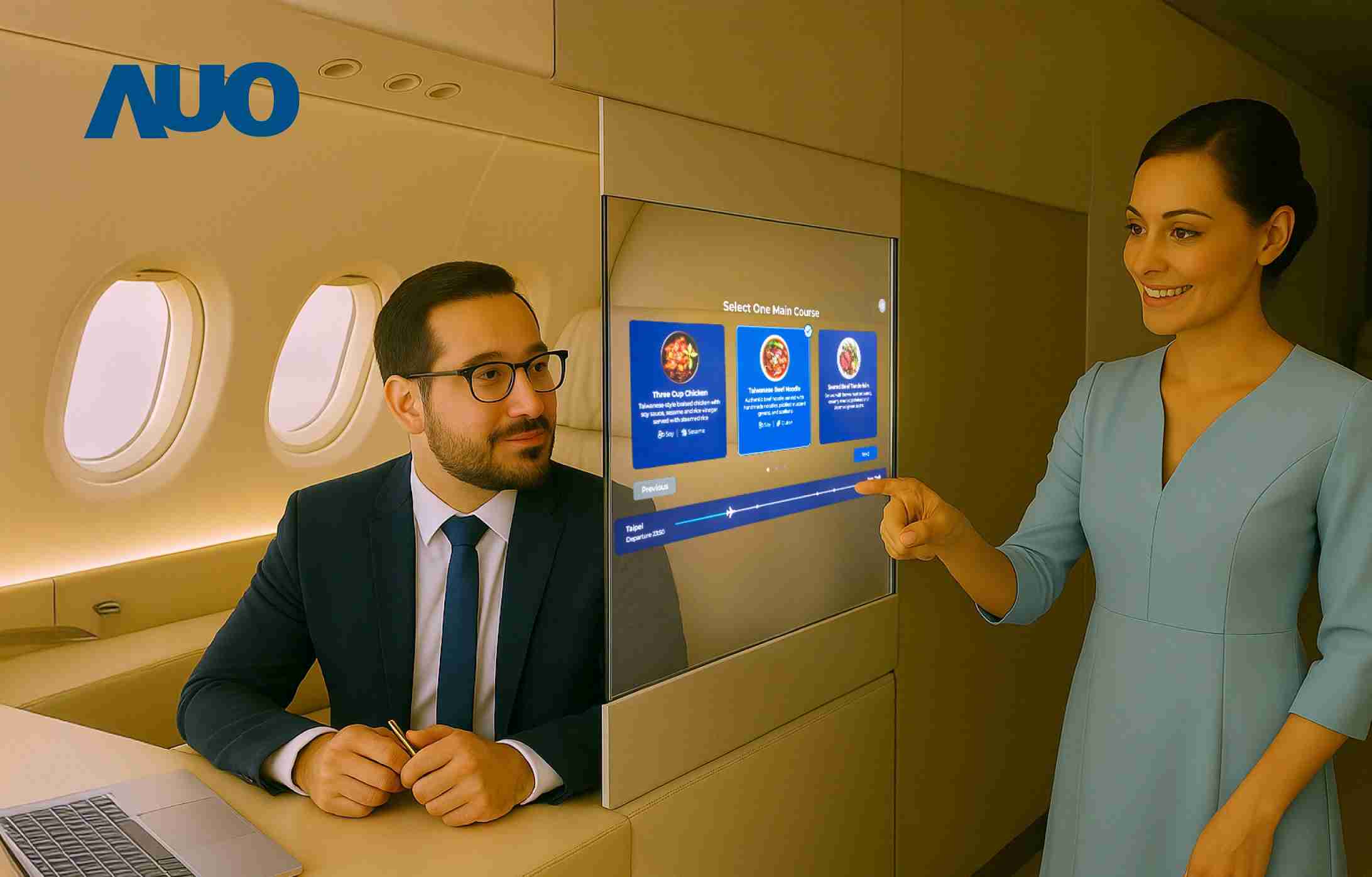 至成国际研发全球最薄17.3 吋双面透明 Micro LED 显示器，，，可在同一屏幕之双边投射不同信息，，，，创造独特的”透明化”互动；图为实时翻译交流应用情境